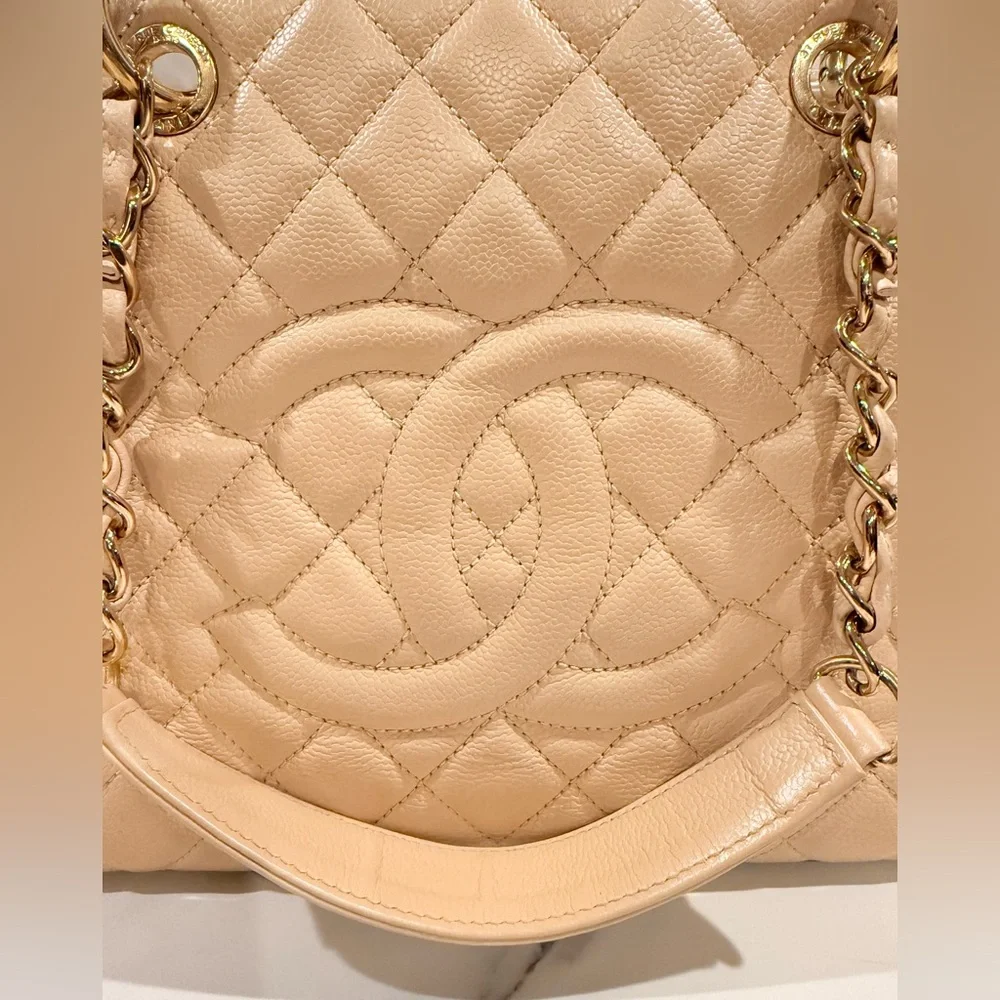 Authentic CHANEL Quilted Caviar GST large Tote in Beige with Gold Hardwar